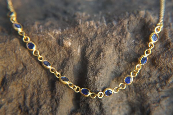 24k gold blue sapphire necklace//24k gold necklace//sapphire gold necklace//24k sapphire charm necklace//handmade necklace//artisan necklace