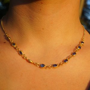 24k gold blue sapphire necklace//24k gold necklace//sapphire gold necklace//24k sapphire charm necklace//handmade necklace//artisan necklace