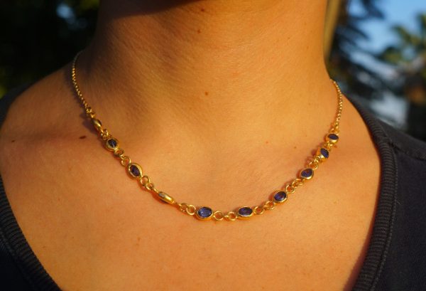 24k gold blue sapphire necklace//24k gold necklace//sapphire gold necklace//24k sapphire charm necklace//handmade necklace//artisan necklace
