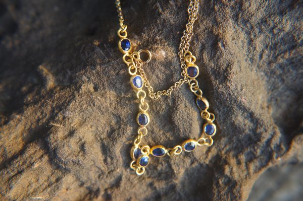24k gold blue sapphire necklace//24k gold necklace//sapphire gold necklace//24k sapphire charm necklace//handmade necklace//artisan necklace