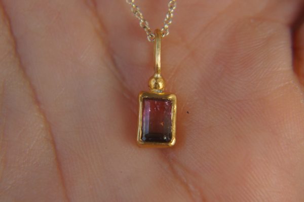 24k gold watermelon tourmaline pendant//watermelon tourmaline pendant//bicolor tourmaline gold chain//artisan tourmaline pendant//24k chain