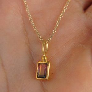 24k gold watermelon tourmaline pendant//watermelon tourmaline pendant//bicolor tourmaline gold chain//artisan tourmaline pendant//24k chain
