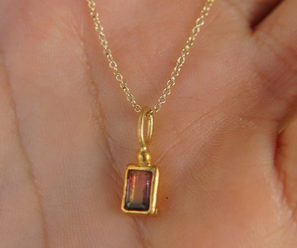 24k gold watermelon tourmaline pendant//watermelon tourmaline pendant//bicolor tourmaline gold chain//artisan tourmaline pendant//24k chain
