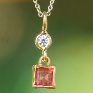 24k gold pink tourmaline and moissanite pendant//square pink tourmaline pendant//moissanite gold necklace//artisan tourmaline pendant