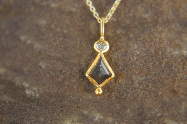 24k gold dark diamond and moissanite pendant//black diamond pendant//moissanite gold necklace//artisan dark diamond pendant