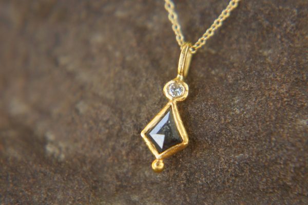 24k gold dark diamond and moissanite pendant//black diamond pendant//moissanite gold necklace//artisan dark diamond pendant