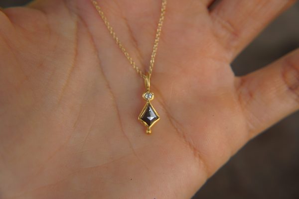 24k gold dark diamond and moissanite pendant//black diamond pendant//moissanite gold necklace//artisan dark diamond pendant
