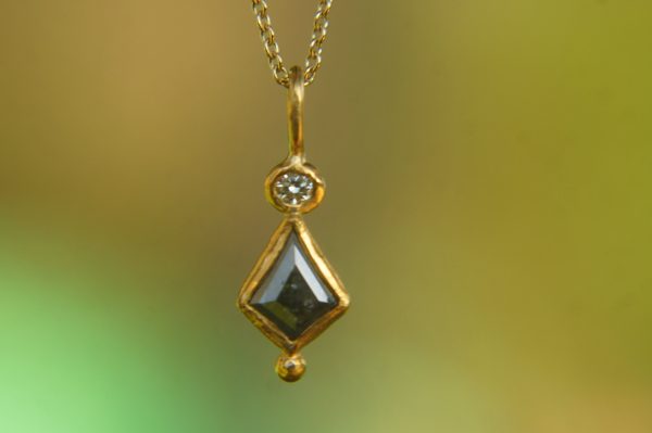 24k gold dark diamond and moissanite pendant//black diamond pendant//moissanite gold necklace//artisan dark diamond pendant