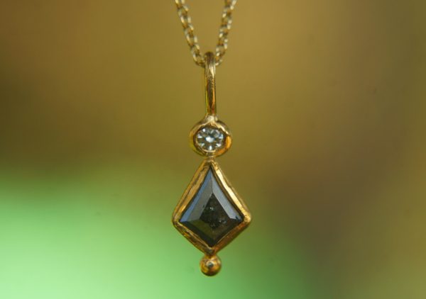 24k gold dark diamond and moissanite pendant//black diamond pendant//moissanite gold necklace//artisan dark diamond pendant