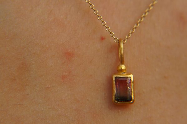 24k gold watermelon tourmaline pendant//watermelon tourmaline pendant//bicolor tourmaline gold chain//artisan tourmaline pendant//24k chain