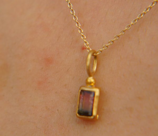 24k gold watermelon tourmaline pendant//watermelon tourmaline pendant//bicolor tourmaline gold chain//artisan tourmaline pendant//24k chain