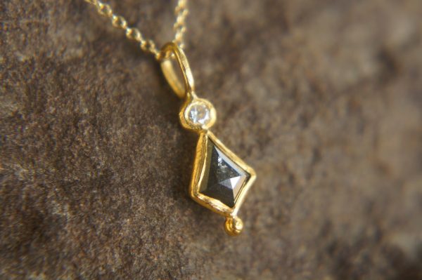 24k gold dark diamond and moissanite pendant//black diamond pendant//moissanite gold necklace//artisan dark diamond pendant