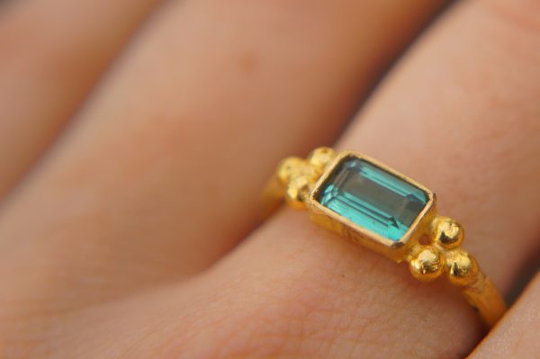 24k gold blue tourmaline ring//gold tourmaline ring//24k tourmaline jewelry//unique tourmaline engagement ring//artisan tourmaline ring