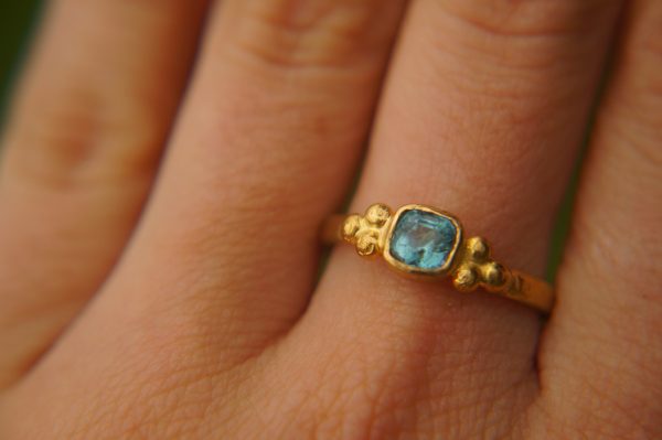 24k gold small blue tourmaline ring//gold tourmaline ring//24k tourmaline jewelry//tourmaline engagement ring//artisan tourmaline ring