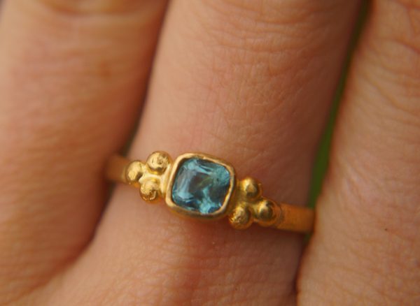 24k gold small blue tourmaline ring//gold tourmaline ring//24k tourmaline jewelry//tourmaline engagement ring//artisan tourmaline ring