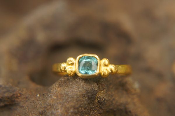 24k gold small blue tourmaline ring//gold tourmaline ring//24k tourmaline jewelry//tourmaline engagement ring//artisan tourmaline ring