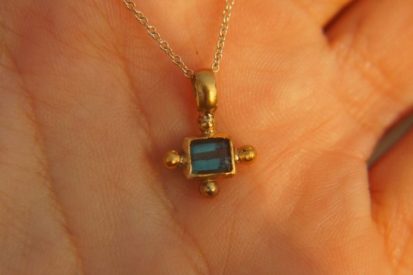 24k gold blue tourmaline pendant//square blue tourmaline pendant//tourmaline gold necklace//artisan 24k gold pendant//handmade one of a king