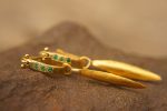22k gold emerald hoops//gold leaf earrings//artisan emerald earrings//handmade gold hoops//22k emerald earrings//gold leaf hoops