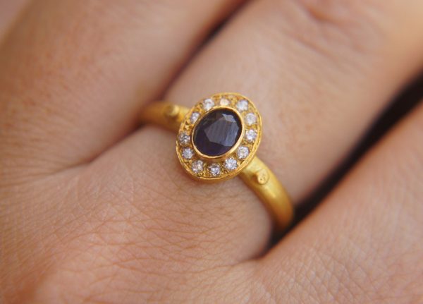 24k gold blue sapphire and diamonds ring//multi stone gold ring//sapphire gold ring//diamonds and sapphire ring//artisan 24k gold ring