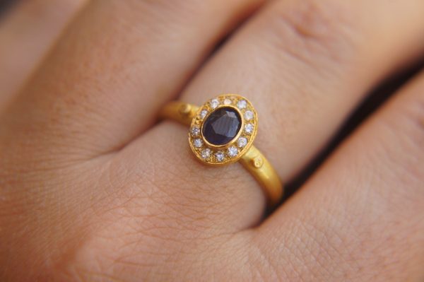 24k gold blue sapphire and diamonds ring//multi stone gold ring//sapphire gold ring//diamonds and sapphire ring//artisan 24k gold ring