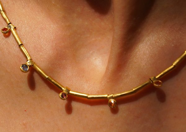 24k gold beaded charm necklace//24k multi stone necklace//24k gold necklace//charm necklace with gem stone//gold beaded necklace