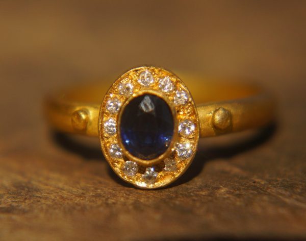 24k gold blue sapphire and diamonds ring//multi stone gold ring//sapphire gold ring//diamonds and sapphire ring//artisan 24k gold ring