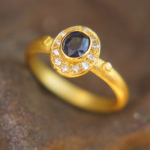 24k gold blue sapphire and diamonds ring//multi stone gold ring//sapphire gold ring//diamonds and sapphire ring//artisan 24k gold ring