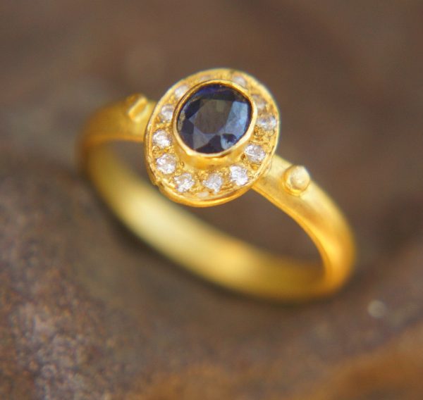 24k gold blue sapphire and diamonds ring//multi stone gold ring//sapphire gold ring//diamonds and sapphire ring//artisan 24k gold ring