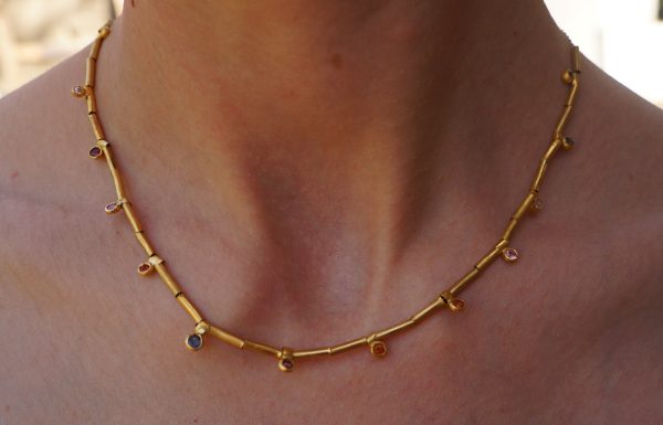 24k gold beaded charm necklace//24k multi stone necklace//24k gold necklace//emerald necklace with gem stone//gold beaded necklace