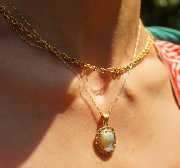 24k moissanite & opal artisan pendant//gold opal pendant//rough opal pendant//artisan gold pendant//opal 24k gold pendant//raw opal pendant