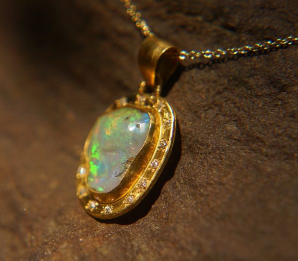 24k moissanite & opal artisan pendant//gold opal pendant//rough opal pendant//artisan gold pendant//opal 24k gold pendant//raw opal pendant