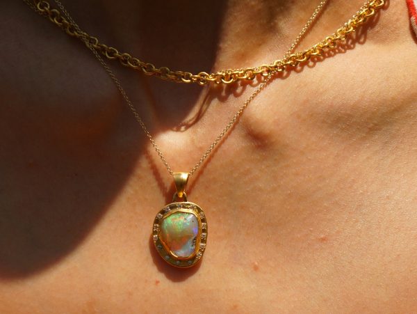 24k moissanite & opal artisan pendant//gold opal pendant//rough opal pendant//artisan gold pendant//opal 24k gold pendant//raw opal pendant