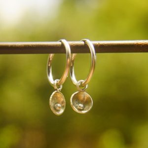 14K White Gold Round Hoop Earrings, Solid 14K Gold Hoops with a unique dangle, pearl 14k white gold dangle, handmade 14k white gold hoops