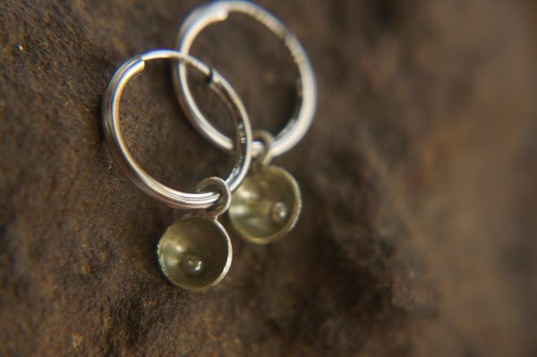 14K White Gold Round Hoop Earrings, Solid 14K Gold Hoops with a unique dangle, pearl 14k white gold dangle, handmade 14k white gold hoops