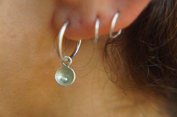 14K White Gold Round Hoop Earrings, Solid 14K Gold Hoops with a unique dangle, pearl 14k white gold dangle, handmade 14k white gold hoops