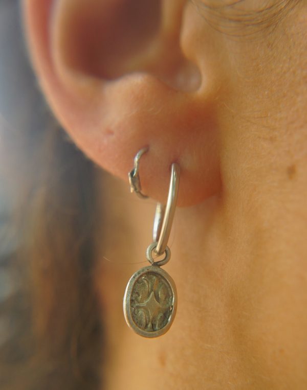 14K White Gold Round Hoop Earrings, Solid 14K Gold Hoops with a unique dangle, textured 14k white gold dangle, handmade 14k white gold hoops