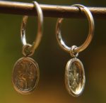 14K White Gold Round Hoop Earrings, Solid 14K Gold Hoops with a unique dangle, textured 14k white gold dangle, handmade 14k white gold hoops