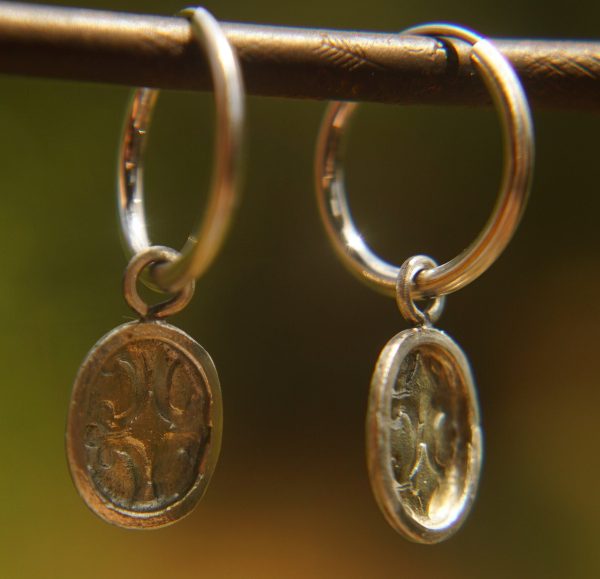 14K White Gold Round Hoop Earrings, Solid 14K Gold Hoops with a unique dangle, textured 14k white gold dangle, handmade 14k white gold hoops