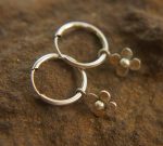 14K White Gold Round Hoop Earrings, Solid 14K Gold Hoops with a unique dangle, flower 14k white gold dangle, handmade 14k white gold hoops