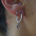 14K White Gold Round Hoop Earrings, Solid 14K Gold Hoops with a unique dangle, flower 14k white gold dangle, handmade 14k white gold hoops