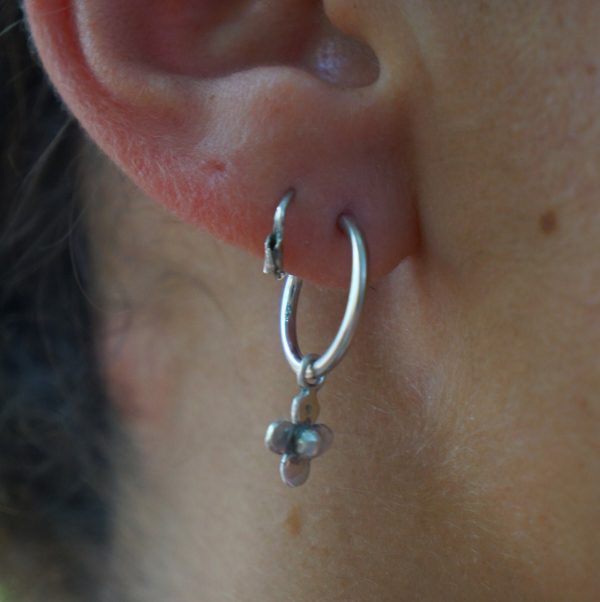 14K White Gold Round Hoop Earrings, Solid 14K Gold Hoops with a unique dangle, flower 14k white gold dangle, handmade 14k white gold hoops