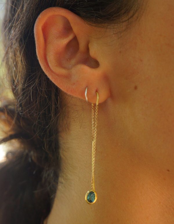 solid 24k gold-blue tourmaline Earrings-Gold Studs//tourmaline threader earrings//24k gold earrings//blue stone earrings//24k threaders