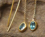 solid 24k gold-blue tourmaline Earrings-Gold Studs//tourmaline threader earrings//24k gold earrings//blue stone earrings//24k threaders