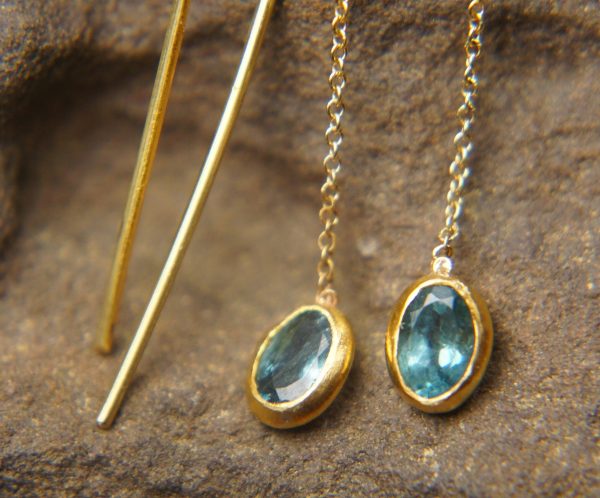 solid 24k gold-blue tourmaline Earrings-Gold Studs//tourmaline threader earrings//24k gold earrings//blue stone earrings//24k threaders