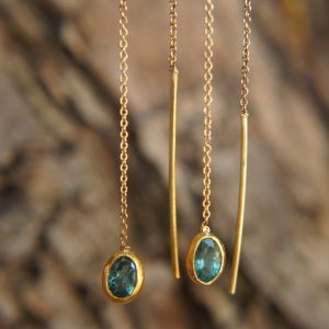 solid 24k gold-blue tourmaline Earrings-Gold Studs//tourmaline threader earrings//24k gold earrings//blue stone earrings//24k threaders
