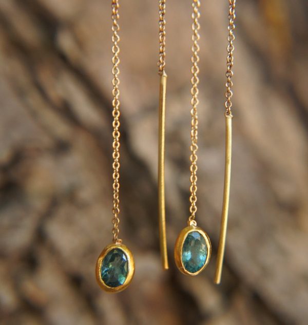 solid 24k gold-blue tourmaline Earrings-Gold Studs//tourmaline threader earrings//24k gold earrings//blue stone earrings//24k threaders