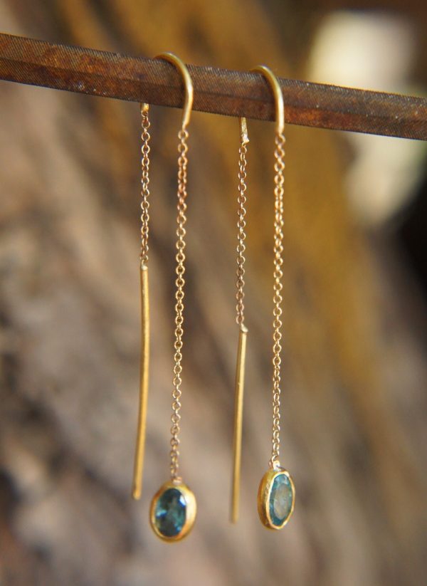 solid 24k gold-blue tourmaline Earrings-Gold Studs//tourmaline threader earrings//24k gold earrings//blue stone earrings//24k threaders