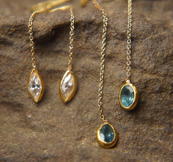 solid 24k gold-blue tourmaline Earrings-Gold Studs//tourmaline threader earrings//24k gold earrings//blue stone earrings//24k threaders