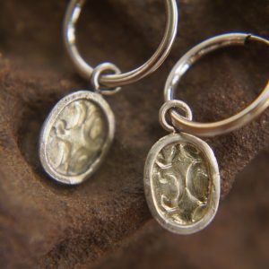 14K White Gold Round Hoop Earrings, Solid 14K Gold Hoops with a unique dangle, textured 14k white gold dangle, handmade 14k white gold hoops