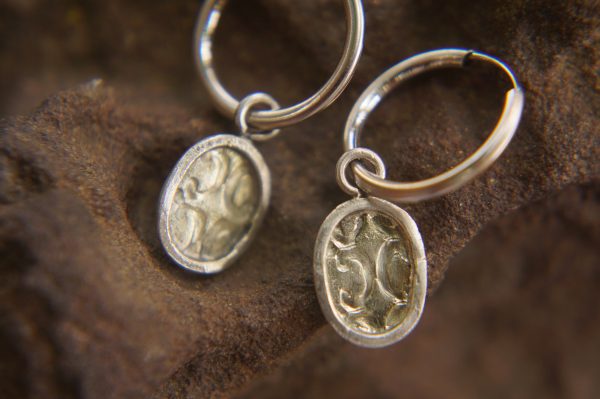 14K White Gold Round Hoop Earrings, Solid 14K Gold Hoops with a unique dangle, flower 14k white gold dangle, handmade 14k white gold hoops